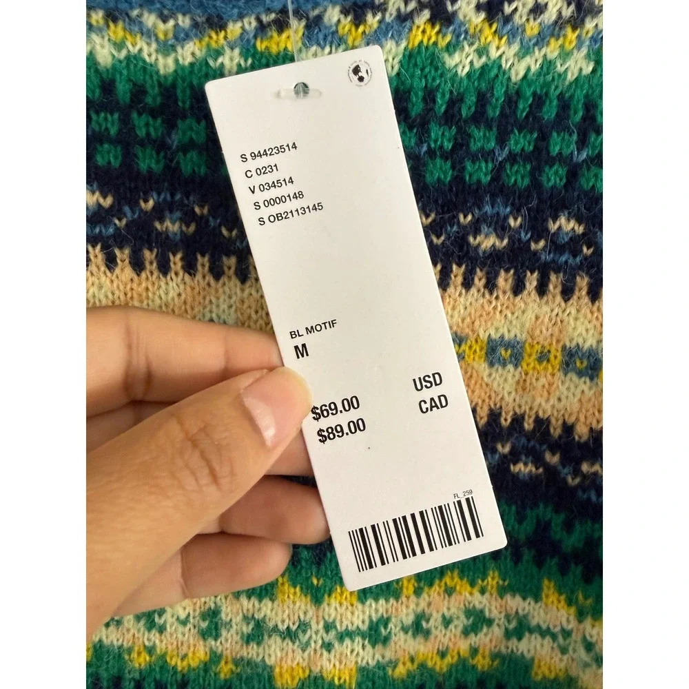 NEW Urban Outfitters Mens Fair Isle Sweater Blue Green Multi Fuzzy Knit Medium